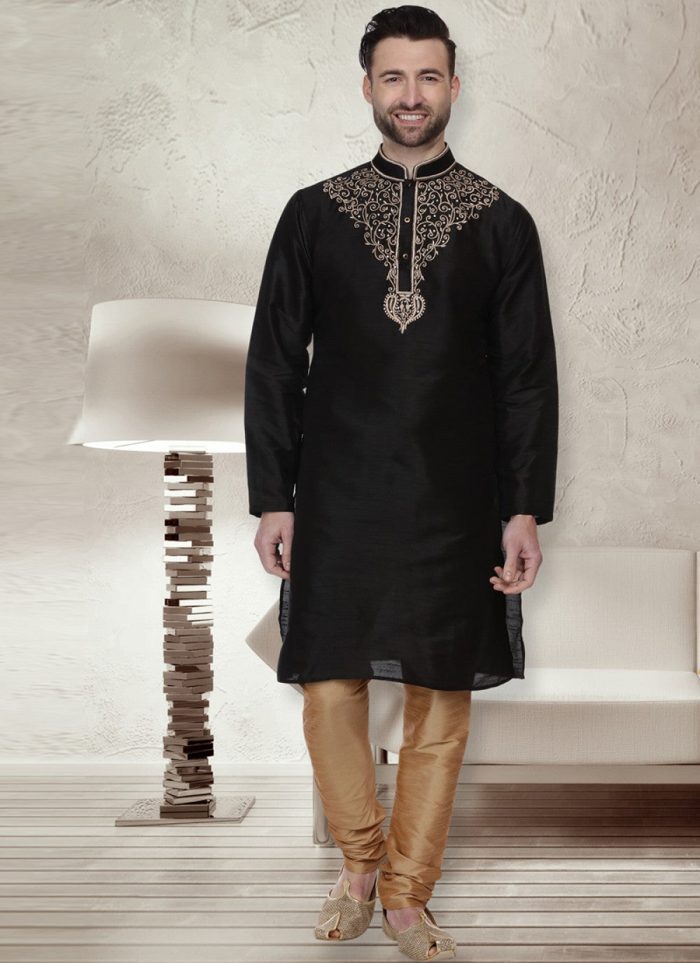 Embroidered Dupion Silk Black Kurta Pyjama - M1057