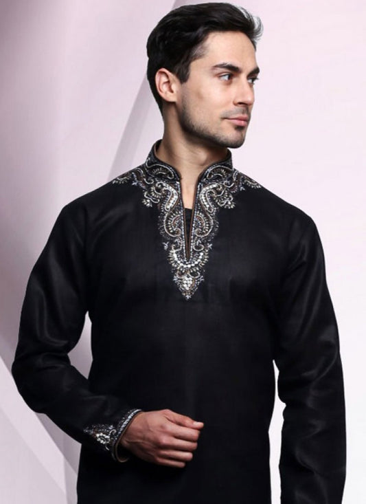 Embroidered Art Dupion Silk Black Kurta - M1204