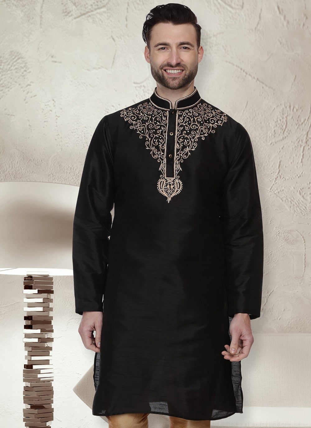 Embroidered Art Dupion Silk Black Kurta - M1310