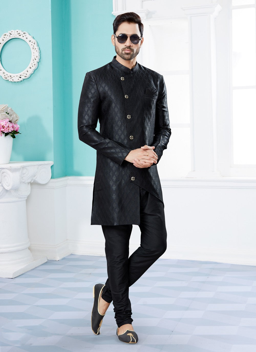 Embroidered Banarasi Jacquard Black Indo Western Sherwani - M3908