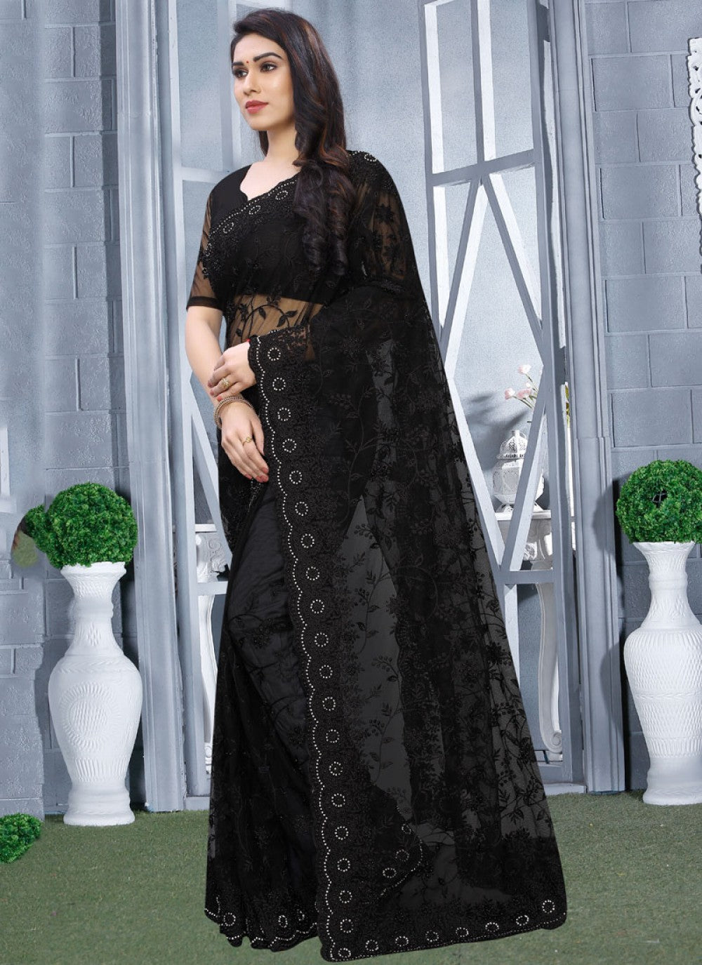 Classic Embroidered Net Saree - S0251