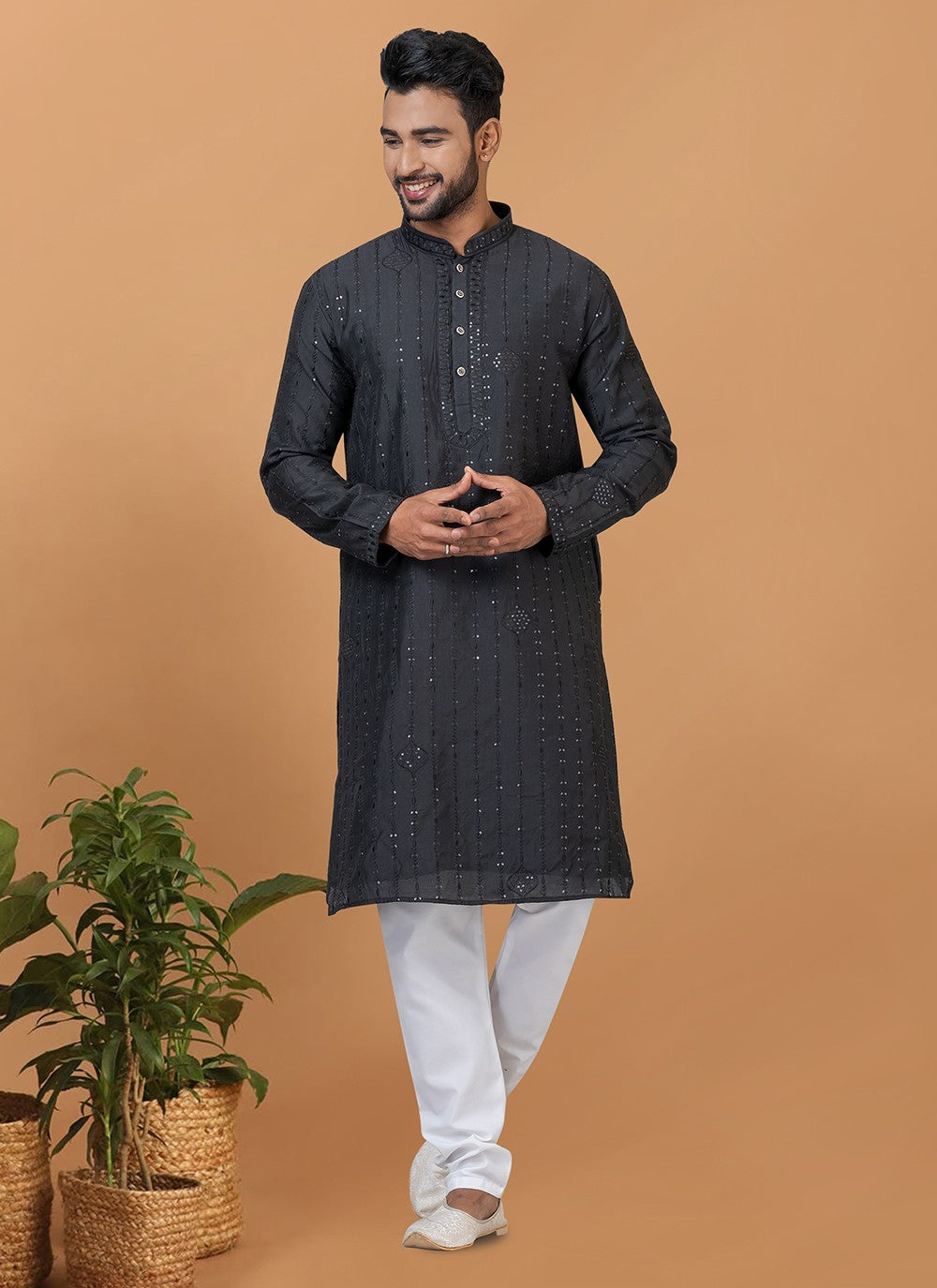 Embroidered Cotton , Viscose Black Kurta Pyjama - M6359