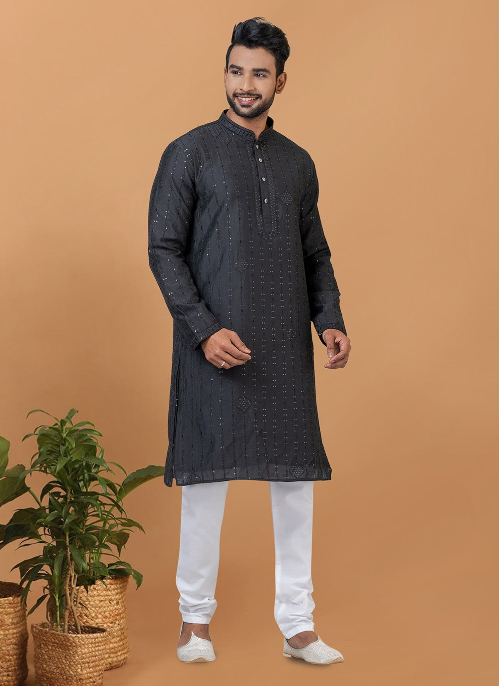 Embroidered Cotton , Viscose Black Kurta Pyjama - M6359