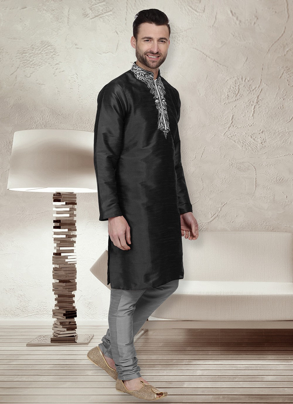 Embroidered Dupion Silk Black Kurta Pyjama - M6537