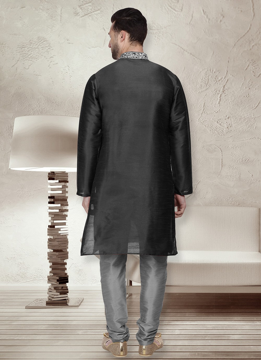 Embroidered Dupion Silk Black Kurta Pyjama - M6537