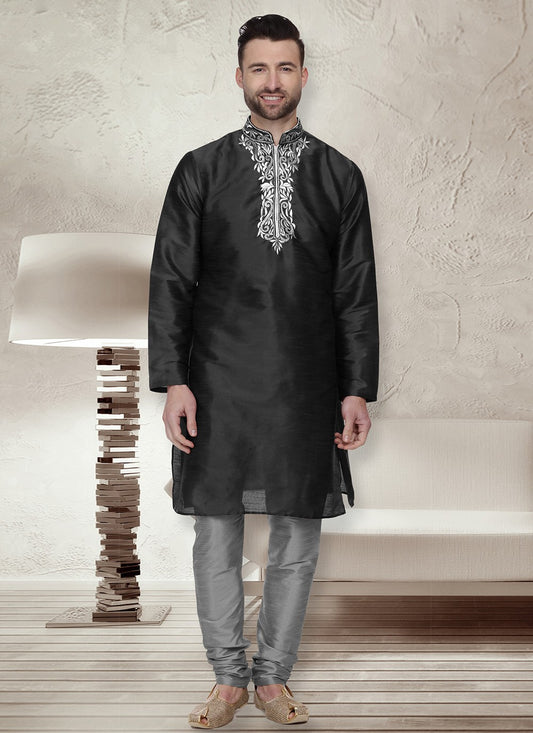 Embroidered Dupion Silk Black Kurta Pyjama - M6537