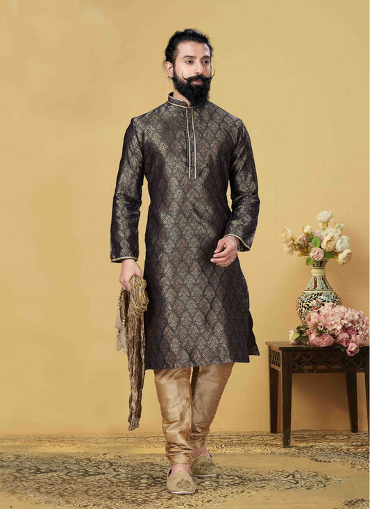 Embroidered Jacquard Silk Blue Kurta Pyjama - M1734