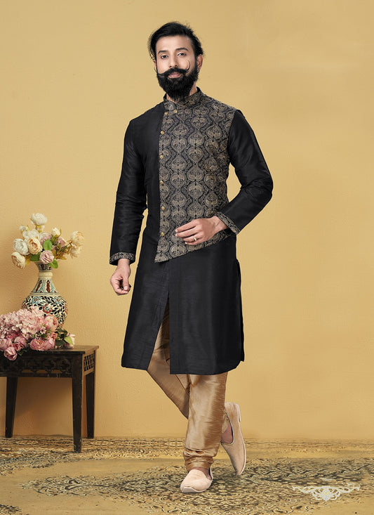 Embroidered Dupion Silk Black Kurta Pyjama - M2066