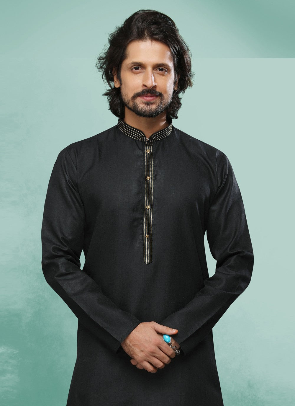 Embroidered Handloom Cotton Black Kurta Pyjama - M4377