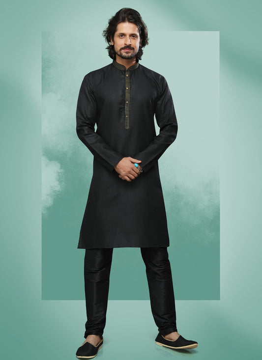 Embroidered Handloom Cotton Black Kurta Pyjama - M4377