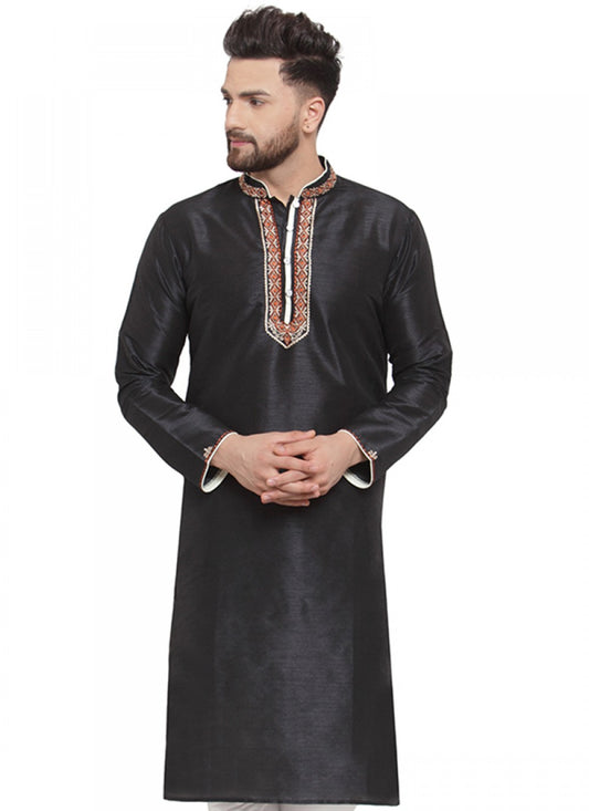 Embroidered Art Dupion Silk Black Kurta - M1380