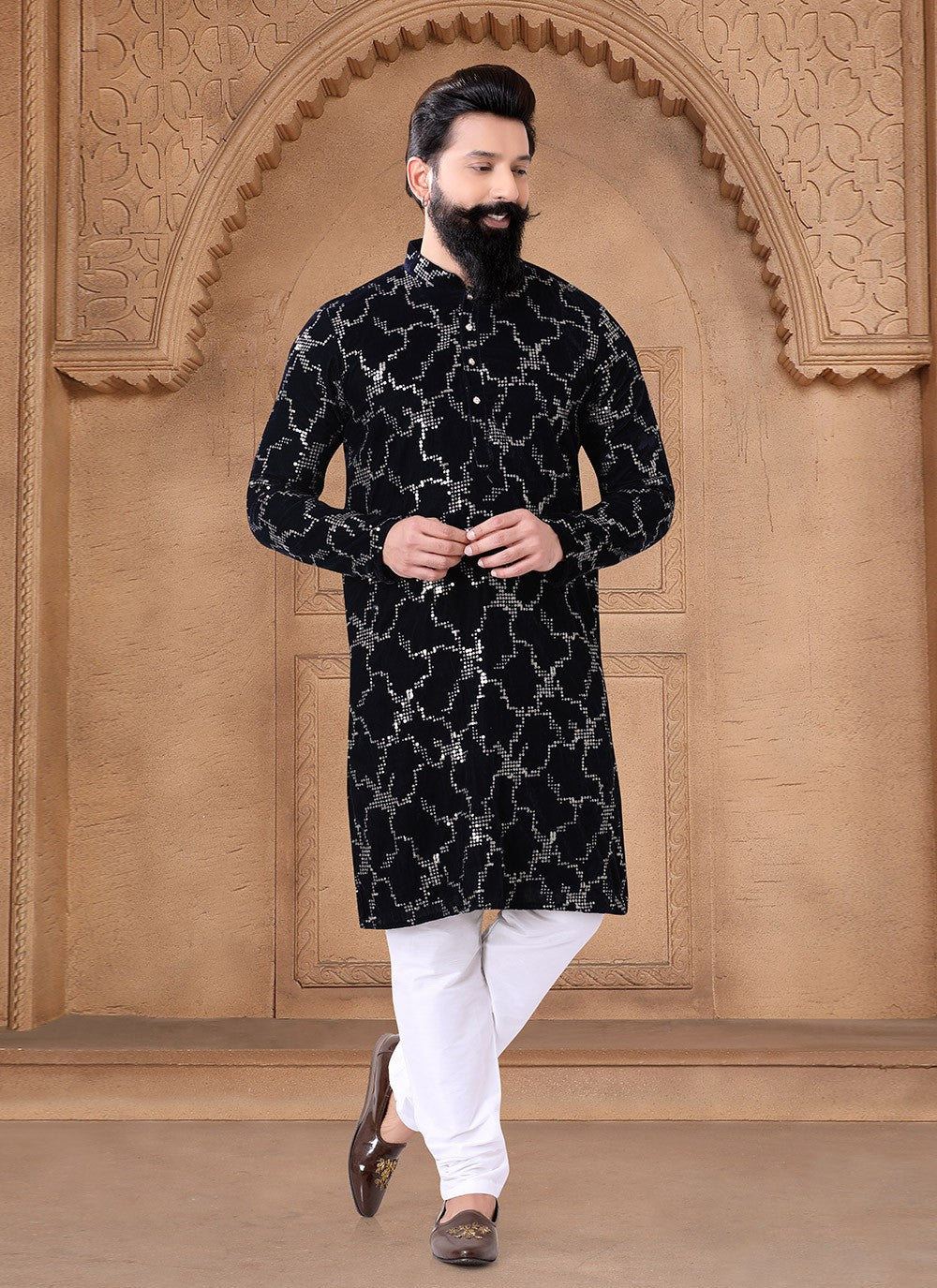 Embroidered Velvet Black Kurta - M7649