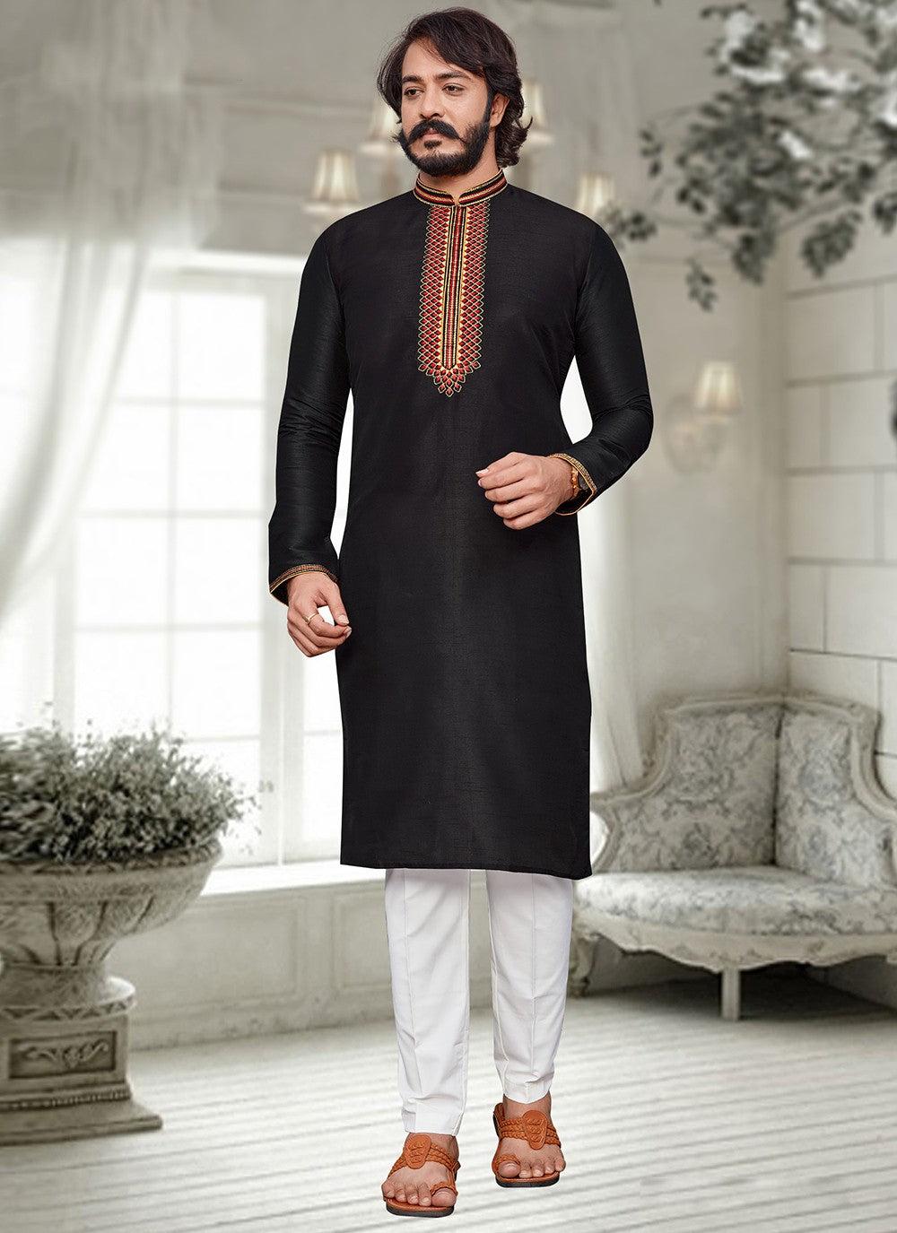 Embroidered Art Silk Black Kurta Pyjama - M2016