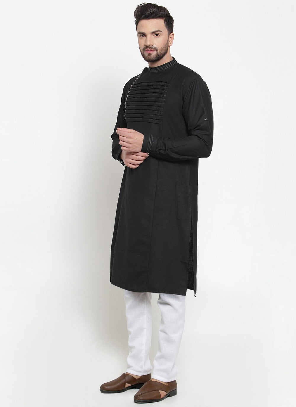 Embroidered Blended Cotton Black Kurta Pyjama - M4502