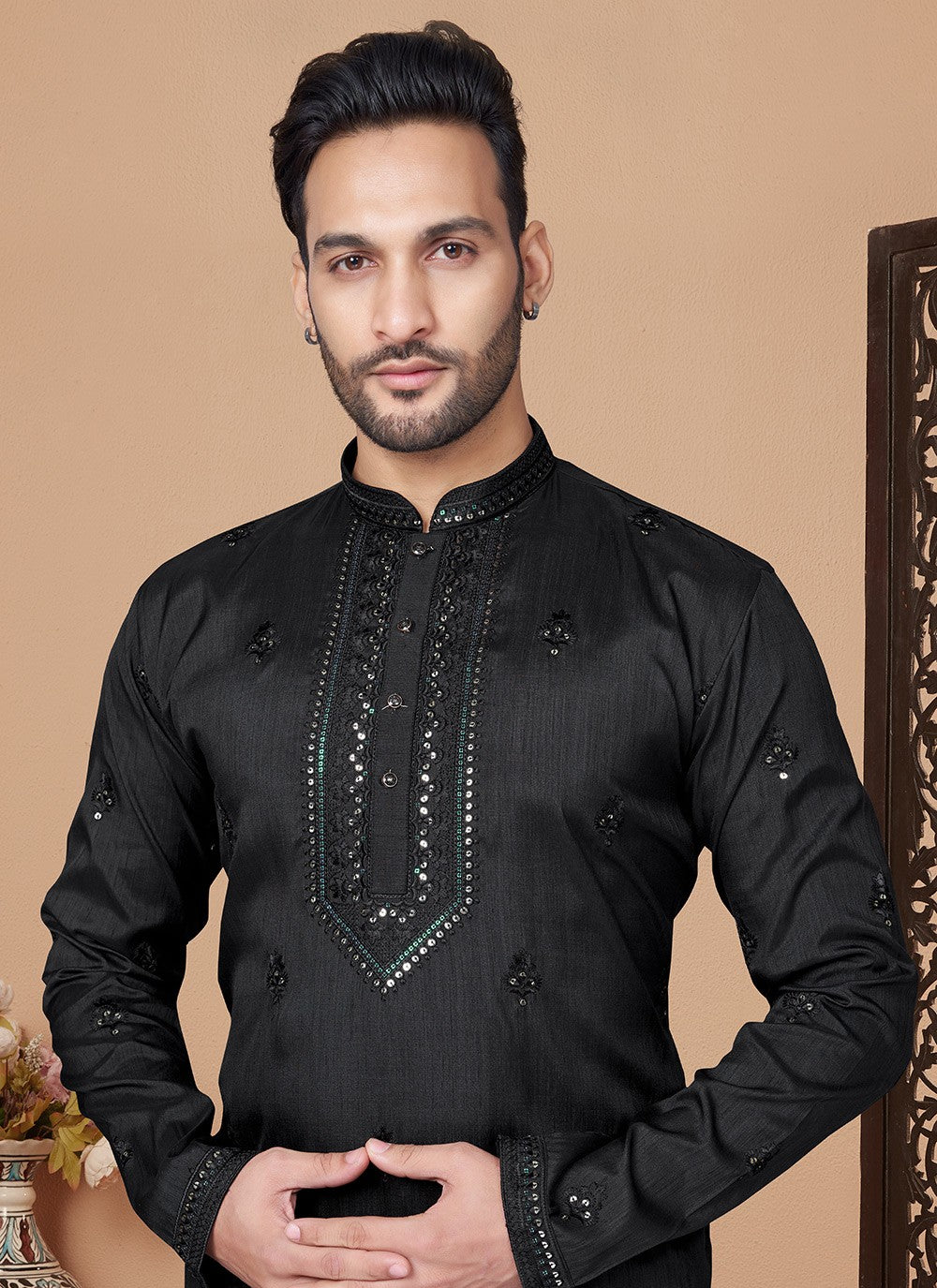 Embroidered Pure Silk Black Kurta Pyjama - M8494