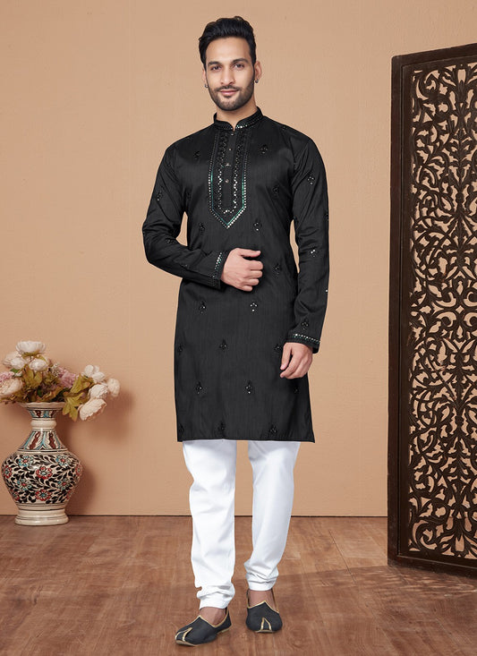 Embroidered Pure Silk Black Kurta Pyjama - M8494