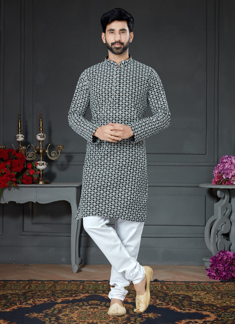 Embroidered Art Silk Cotton Black Kurta Pyjama - M4139