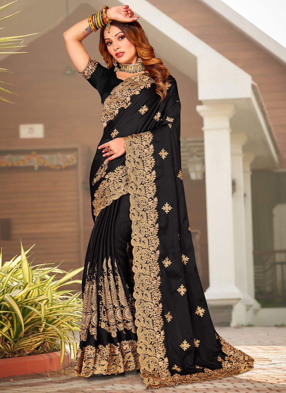 Designer Embroidered Satin Saree - S2934