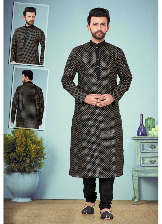 Embroidered Cotton Silk Black Kurta Pyjama - M1647