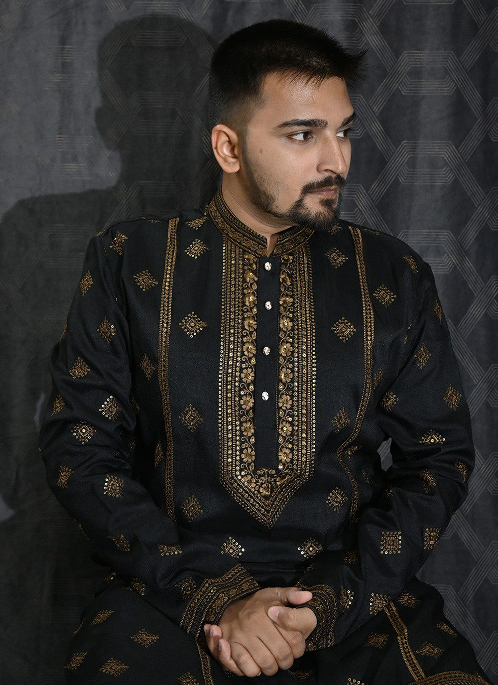 Embroidered Silk Black Kurta Pyjama - M6194