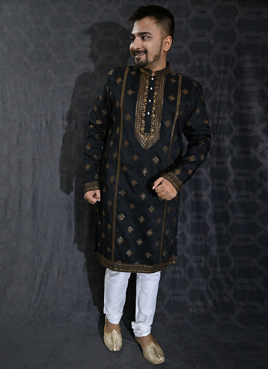 Embroidered Silk Black Kurta Pyjama - M6194