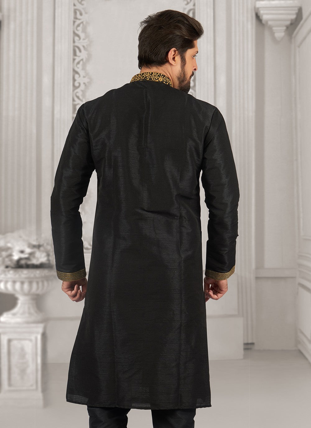 Embroidered Dupion Silk Black Kurta Pyjama - M6552