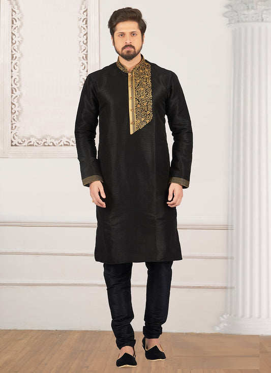 Embroidered Dupion Silk Black Kurta Pyjama - M6552