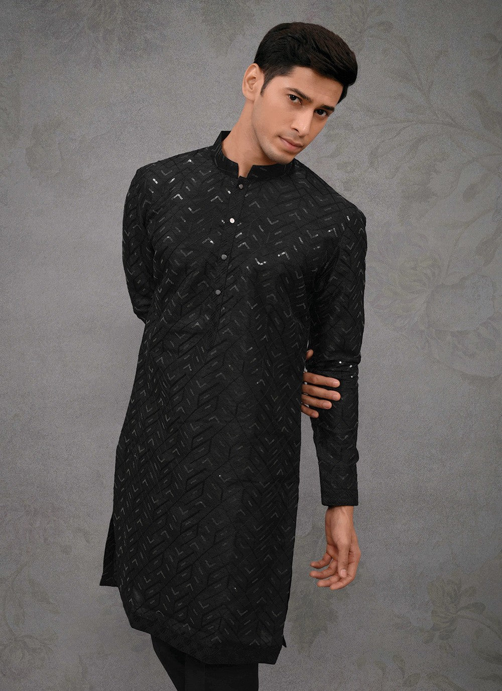 Embroidered Silk Black Kurta Pyjama - M8381