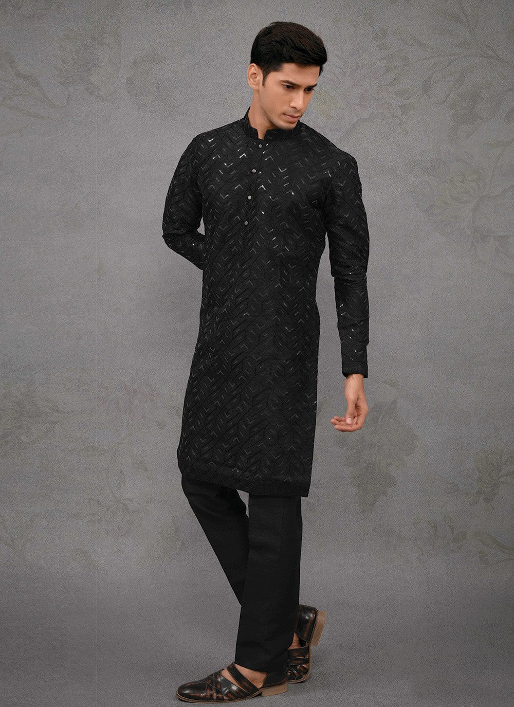 Embroidered Silk Black Kurta Pyjama - M8381