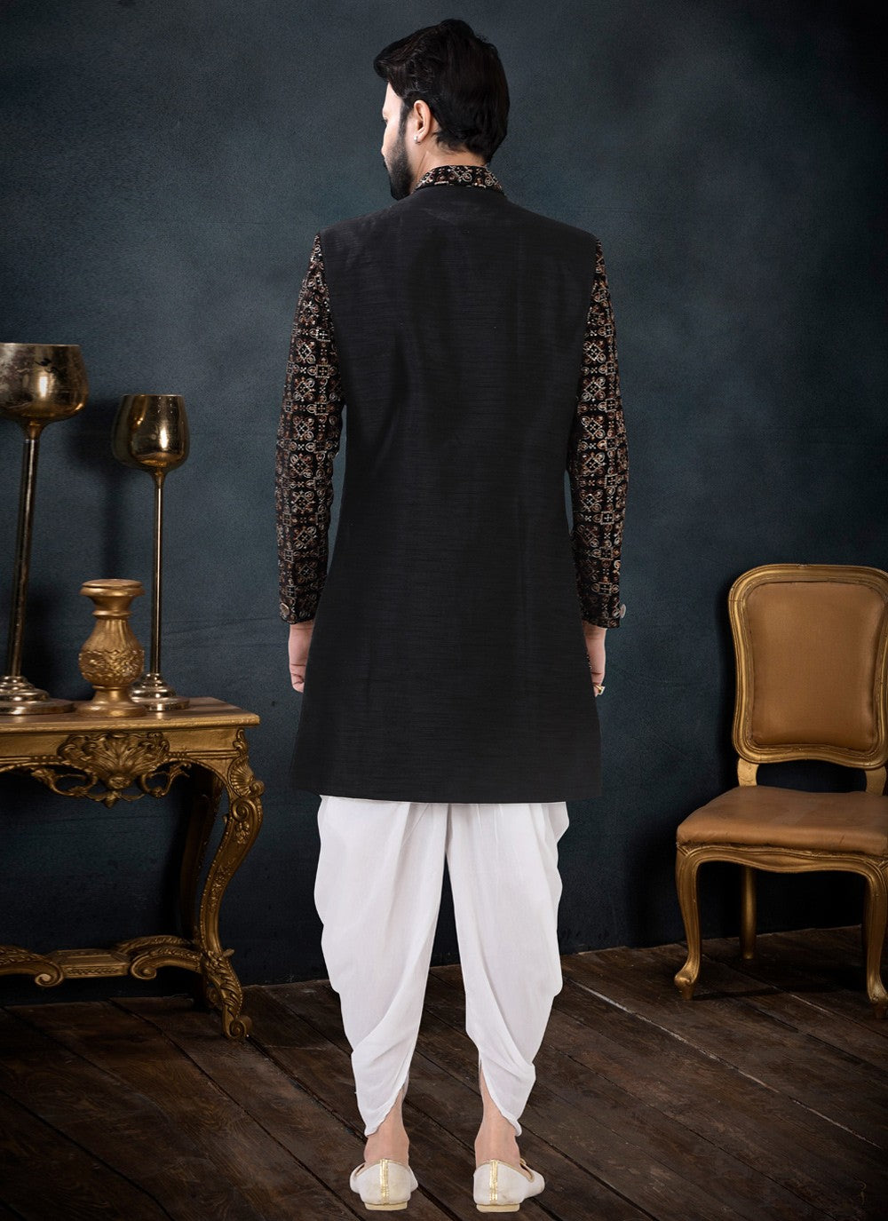 Embroidered Silk, Velvet Black Indo Western Sherwani - M4440