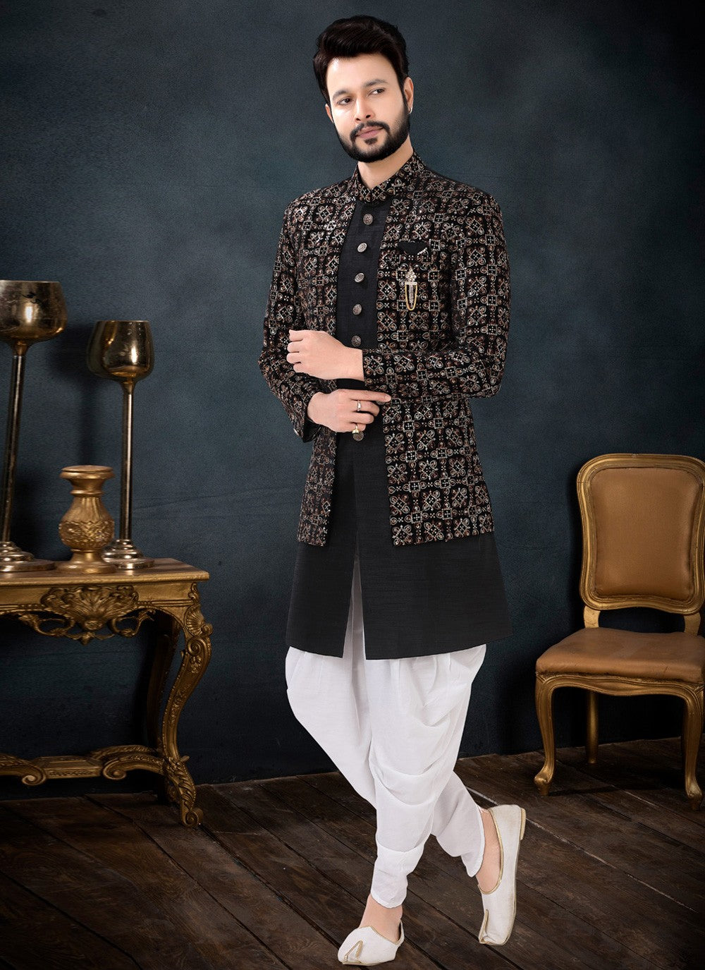 Embroidered Silk, Velvet Black Indo Western Sherwani - M4440