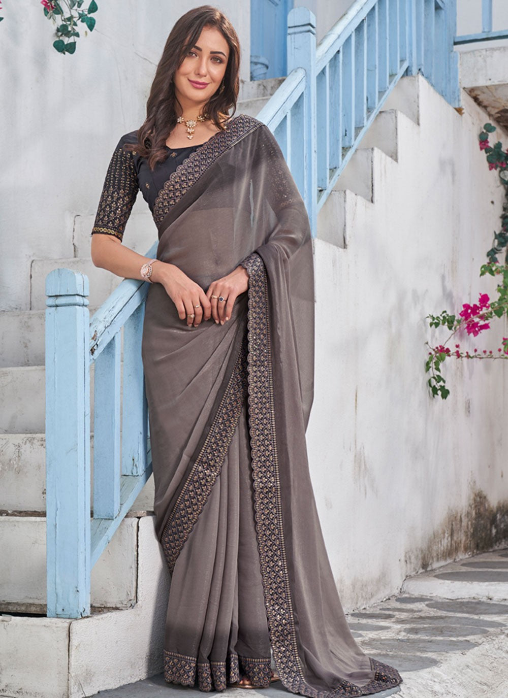 Trendy Embroidered Shimmer Saree - S4835