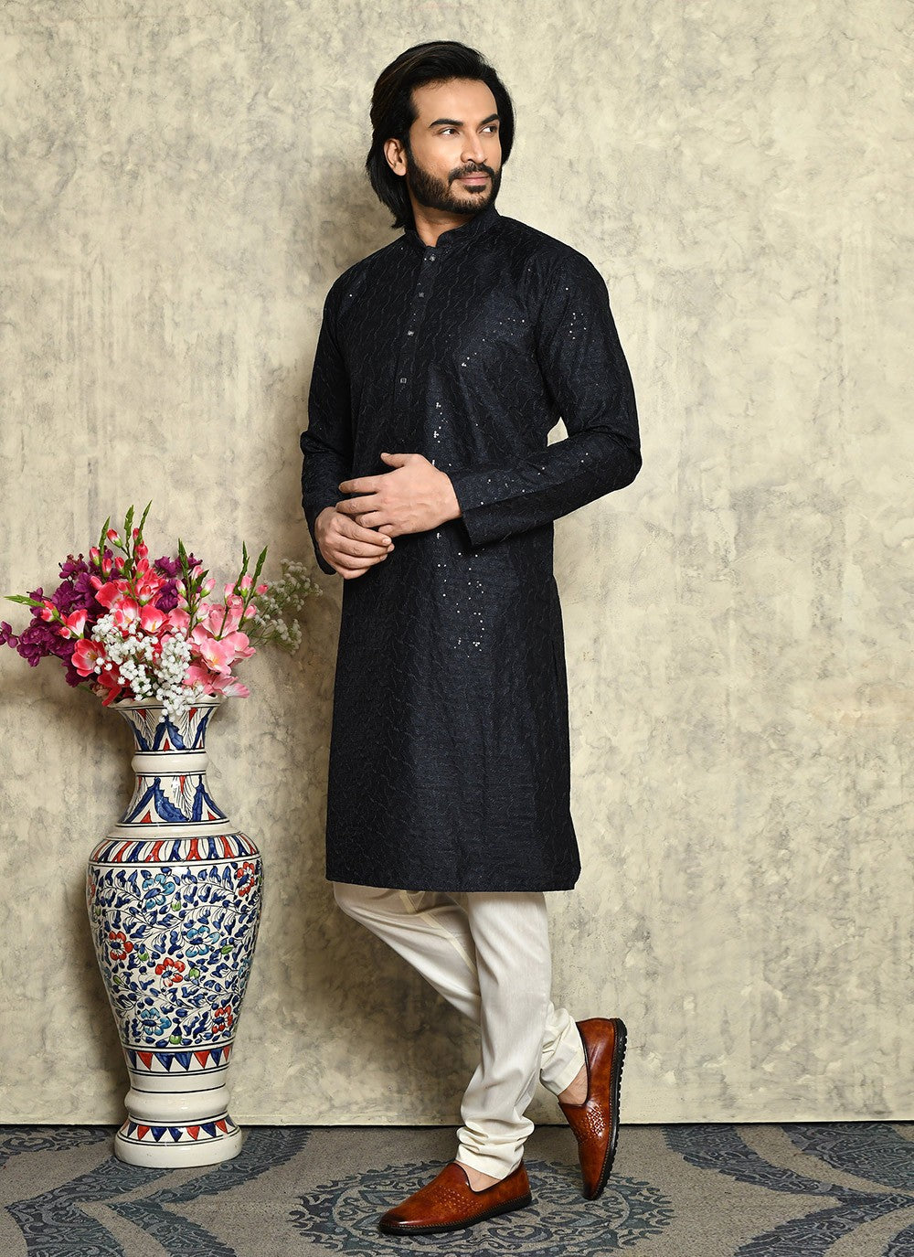 Plain Art Silk Black Kurta Pyjama - M7937