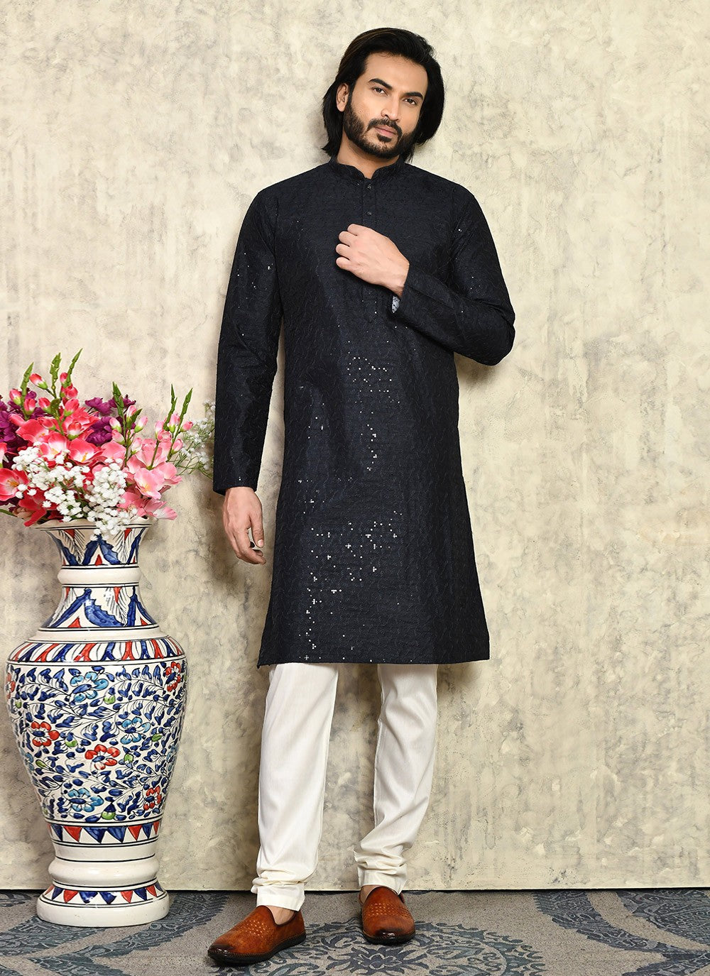 Plain Art Silk Black Kurta Pyjama - M7937