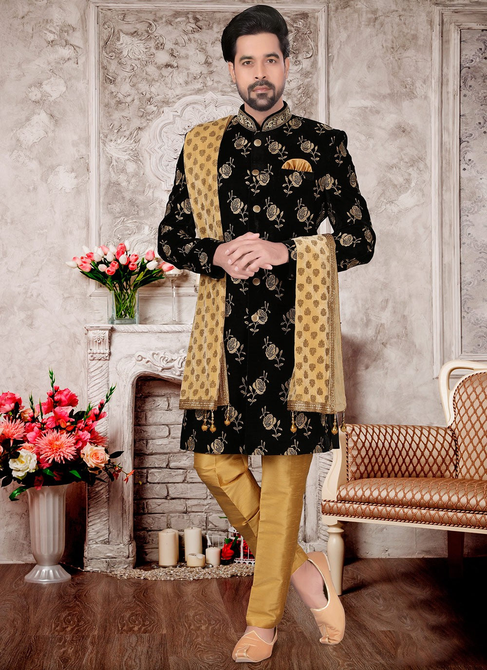 Embroidered Velvet Black Indo Western Sherwani - M2979