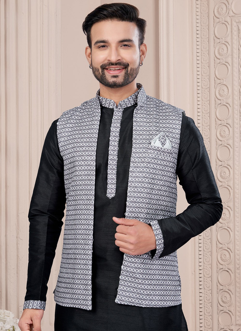 Fancy Work Dupion Silk, Jacquard Black Kurta Payjama With Jacket - M8671