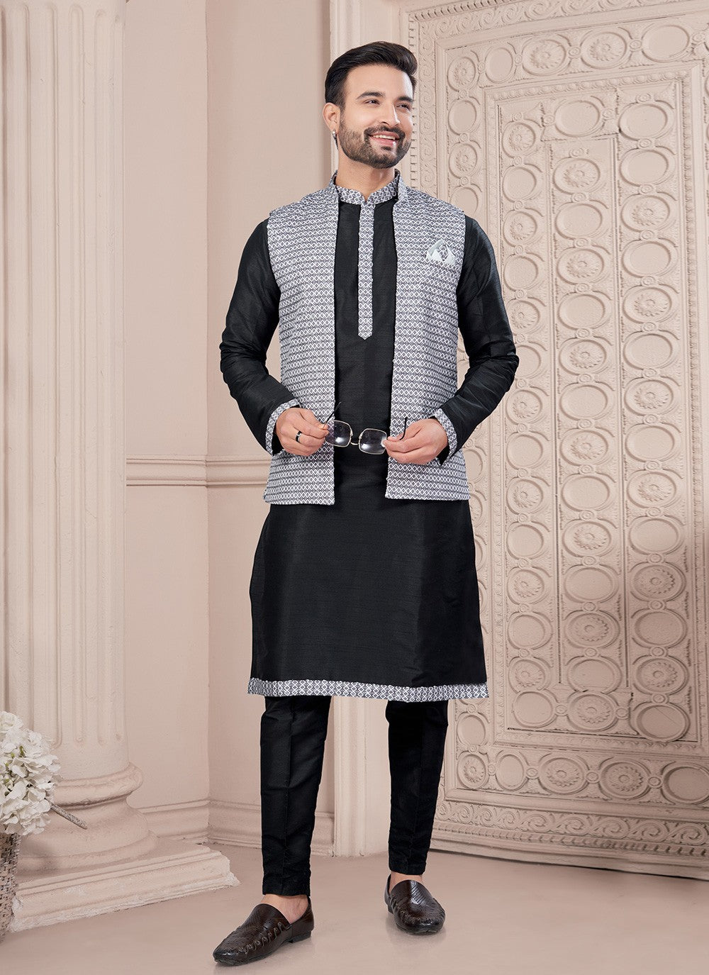 Fancy Work Dupion Silk, Jacquard Black Kurta Payjama With Jacket - M8671