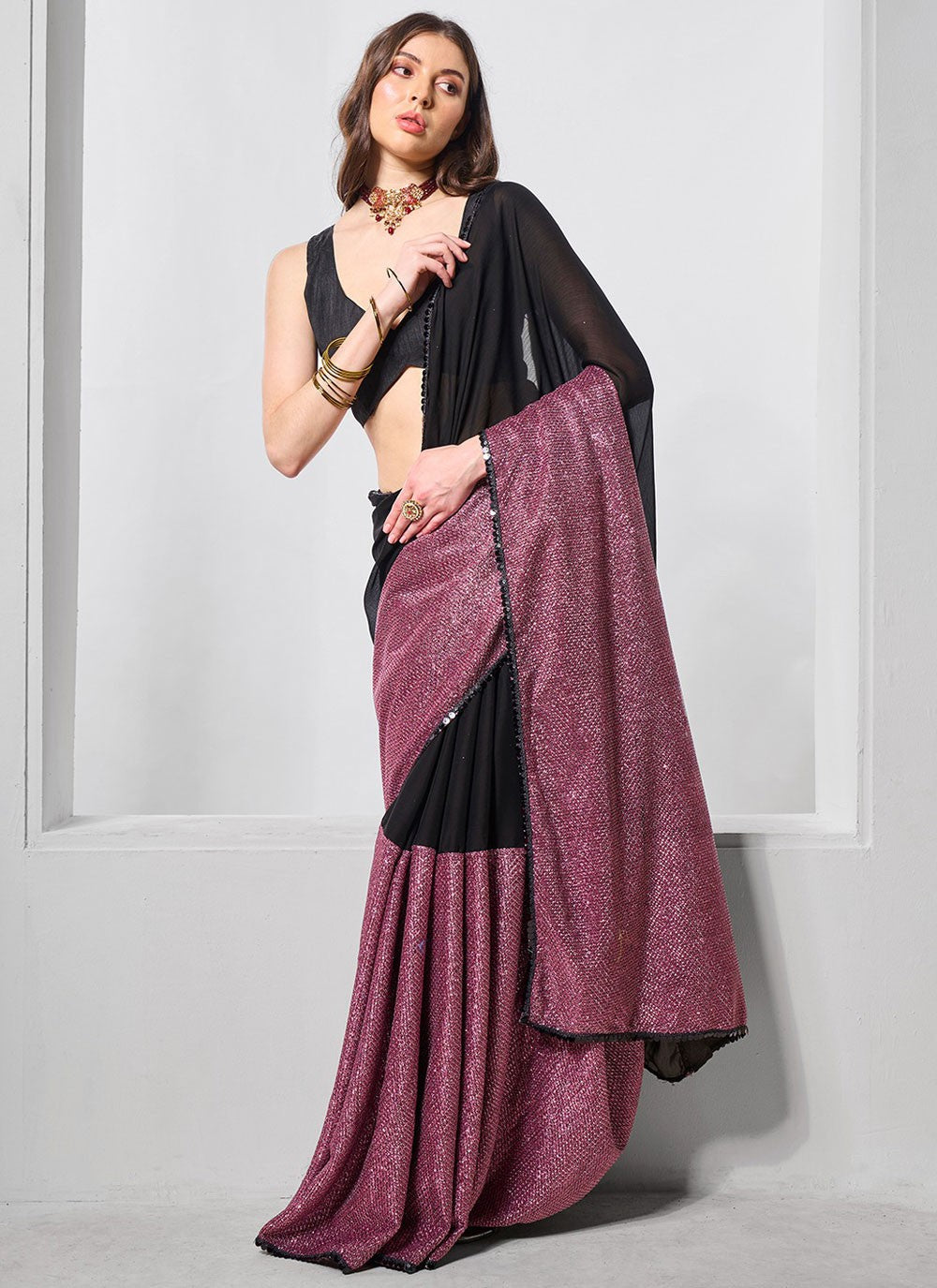 Cutdana, Swarovski Burburry Saree - S11559