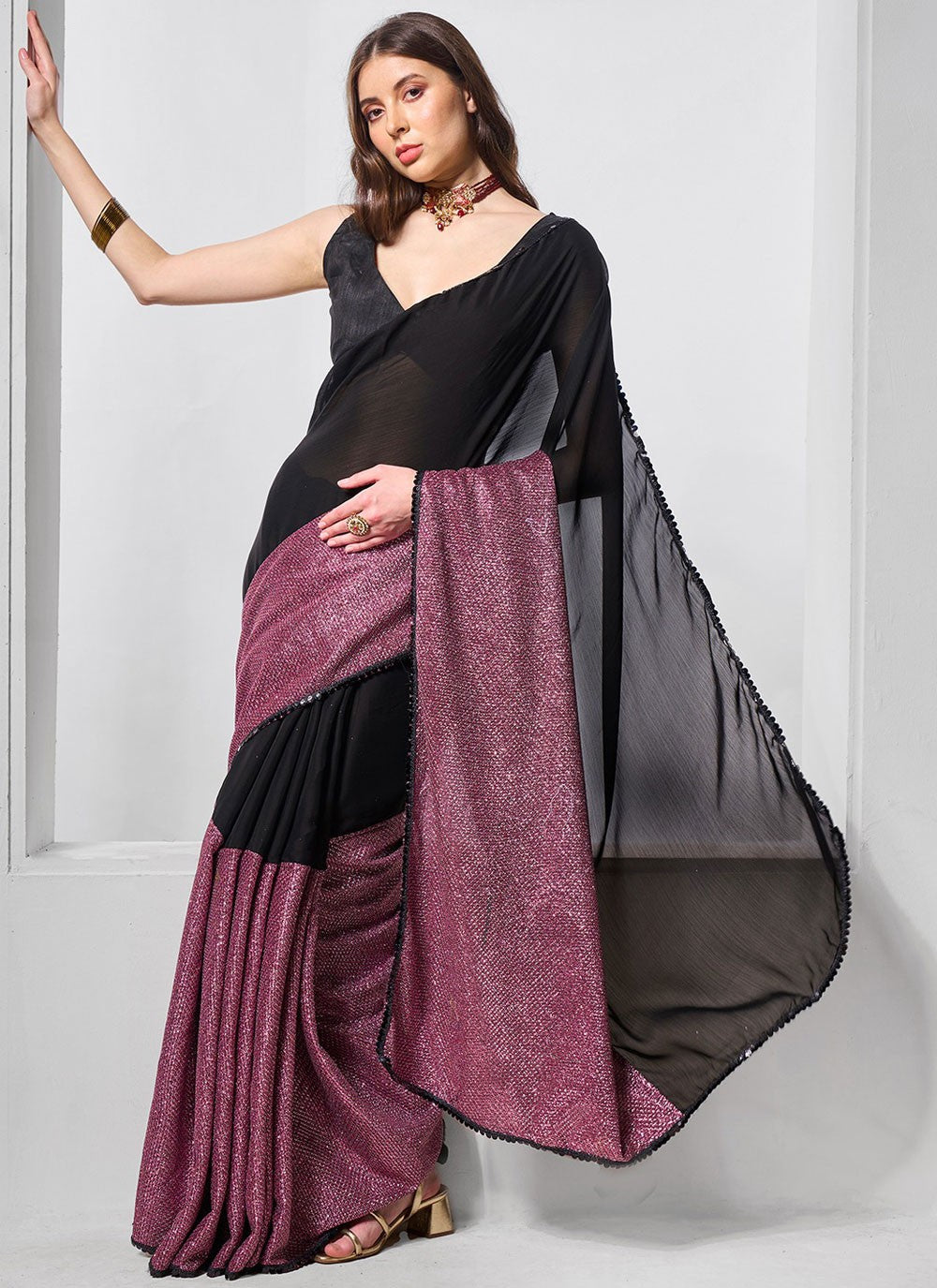 Cutdana, Swarovski Burburry Saree - S11559