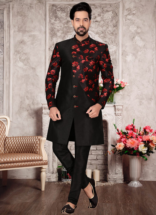 Digital Print Fancy Fabric Black Indo Western Sherwani - M3002