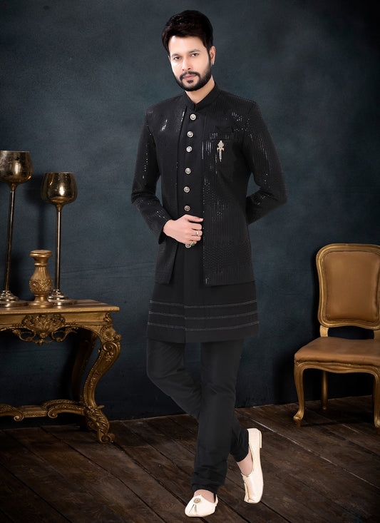 Sequins Fancy Fabric Black Indo Western Sherwani - M4458