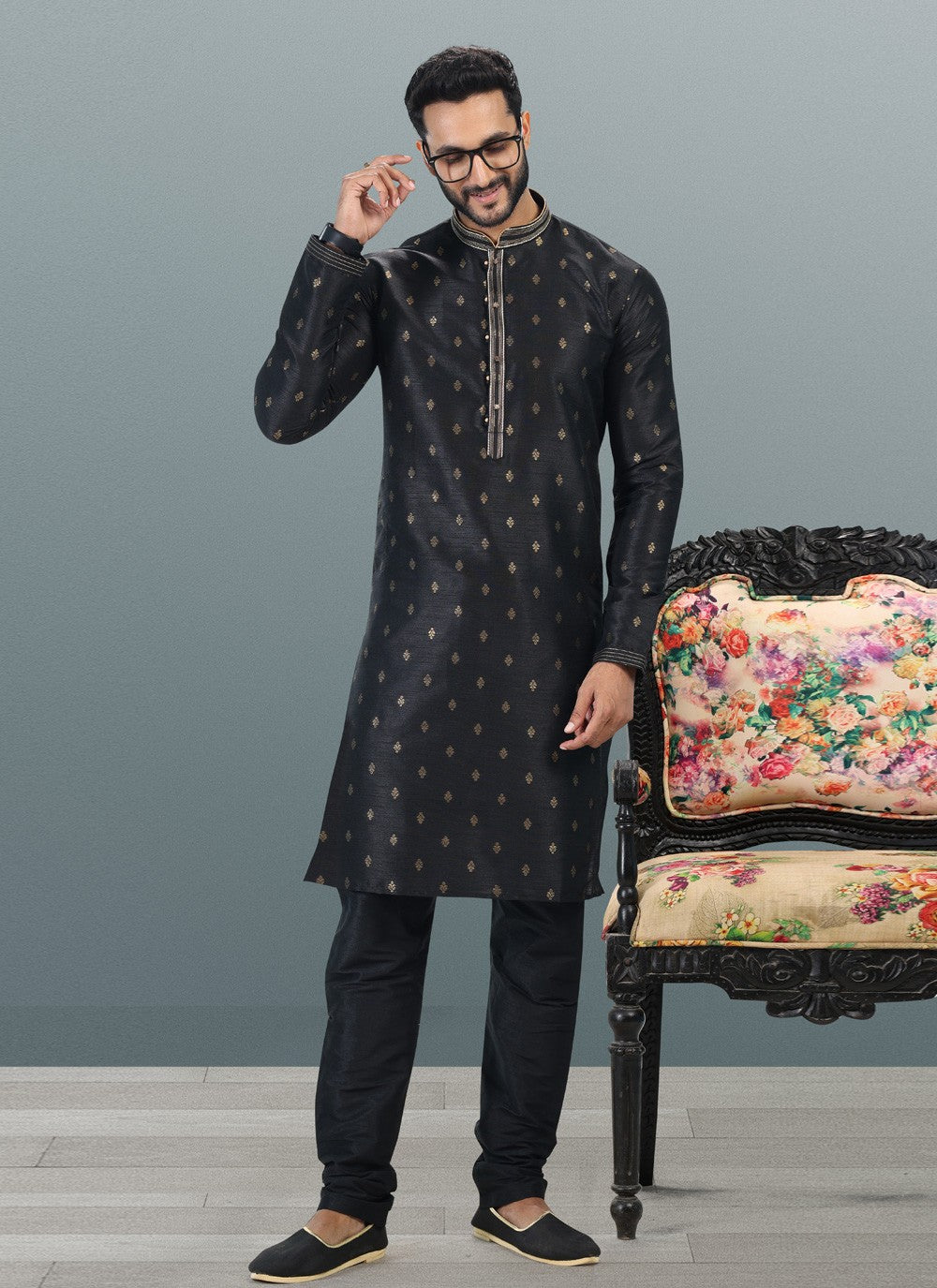 Fancy Work Banarasi Silk, Jacquard Black Kurta Pyjama - M4845