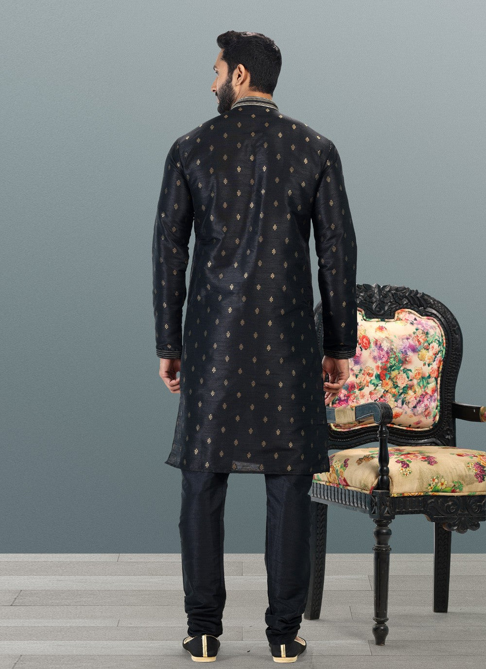 Fancy Work Banarasi Silk, Jacquard Black Kurta Pyjama - M4845