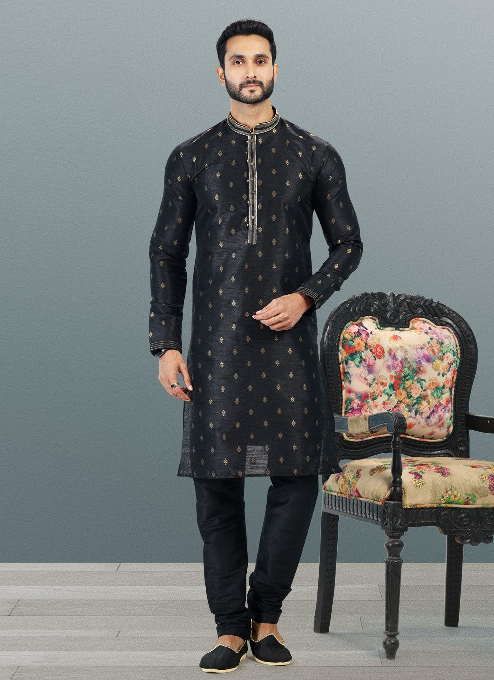 Fancy Work Banarasi Silk, Jacquard Black Kurta Pyjama - M4845