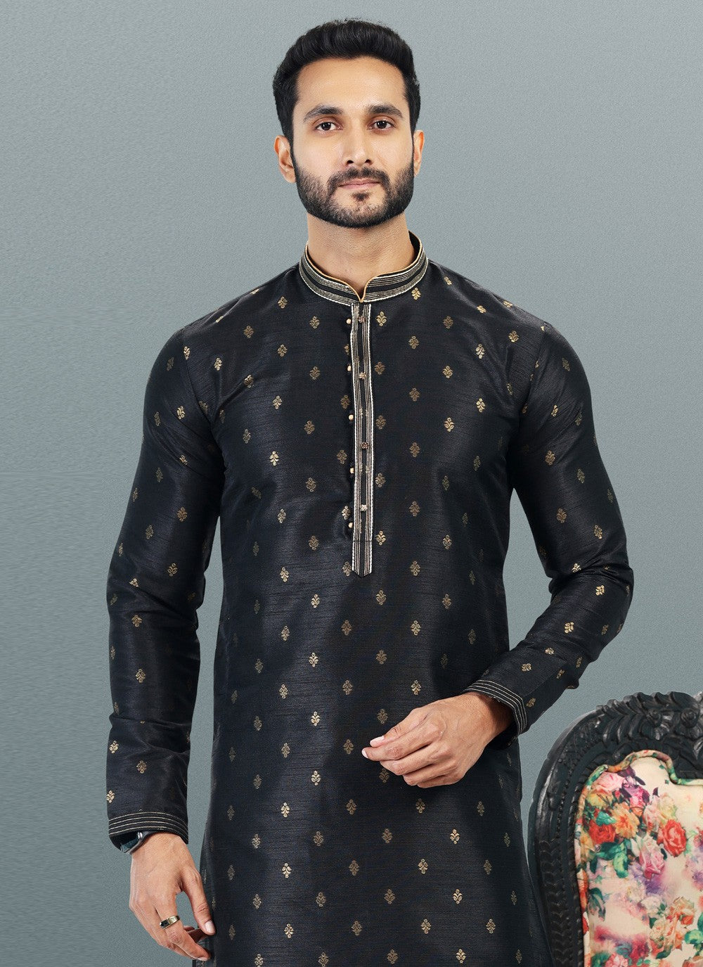 Fancy Work Banarasi Silk, Jacquard Black Kurta Pyjama - M4845