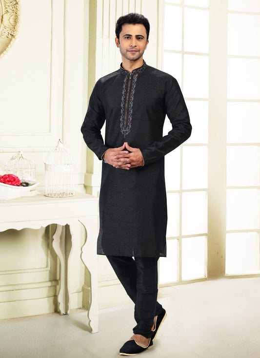 Fancy Work Banarasi Silk, Jacquard Black Kurta Pyjama - M4865