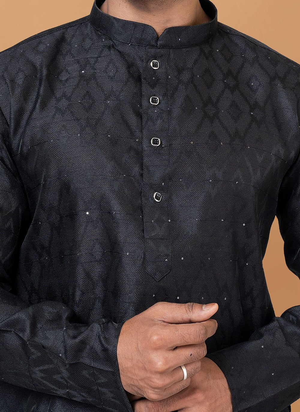 Fancy Work Silk Black Kurta Pyjama - M6364