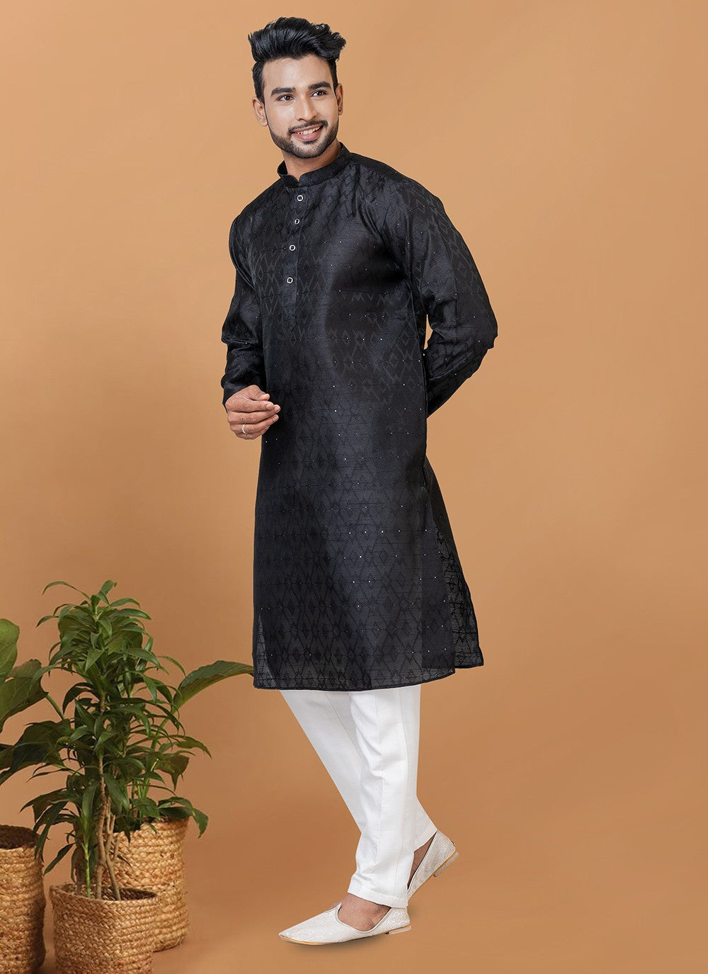 Fancy Work Silk Black Kurta Pyjama - M6364