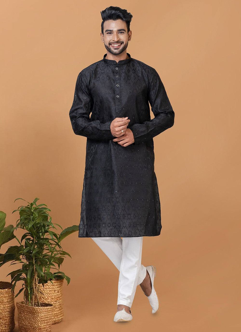 Fancy Work Silk Black Kurta Pyjama - M6364