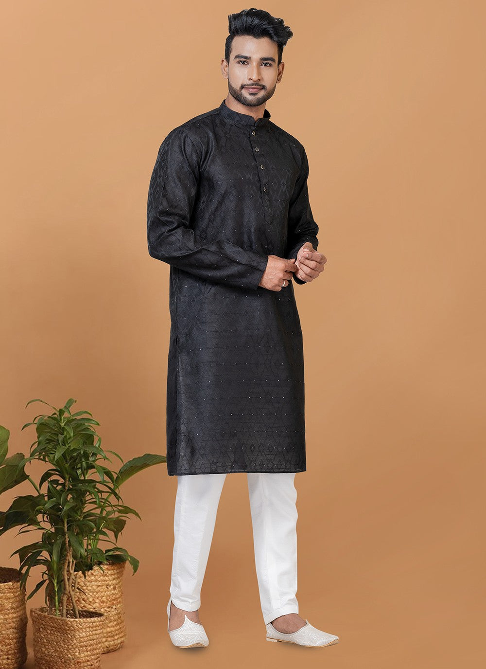 Fancy Work Silk Black Kurta Pyjama - M6364